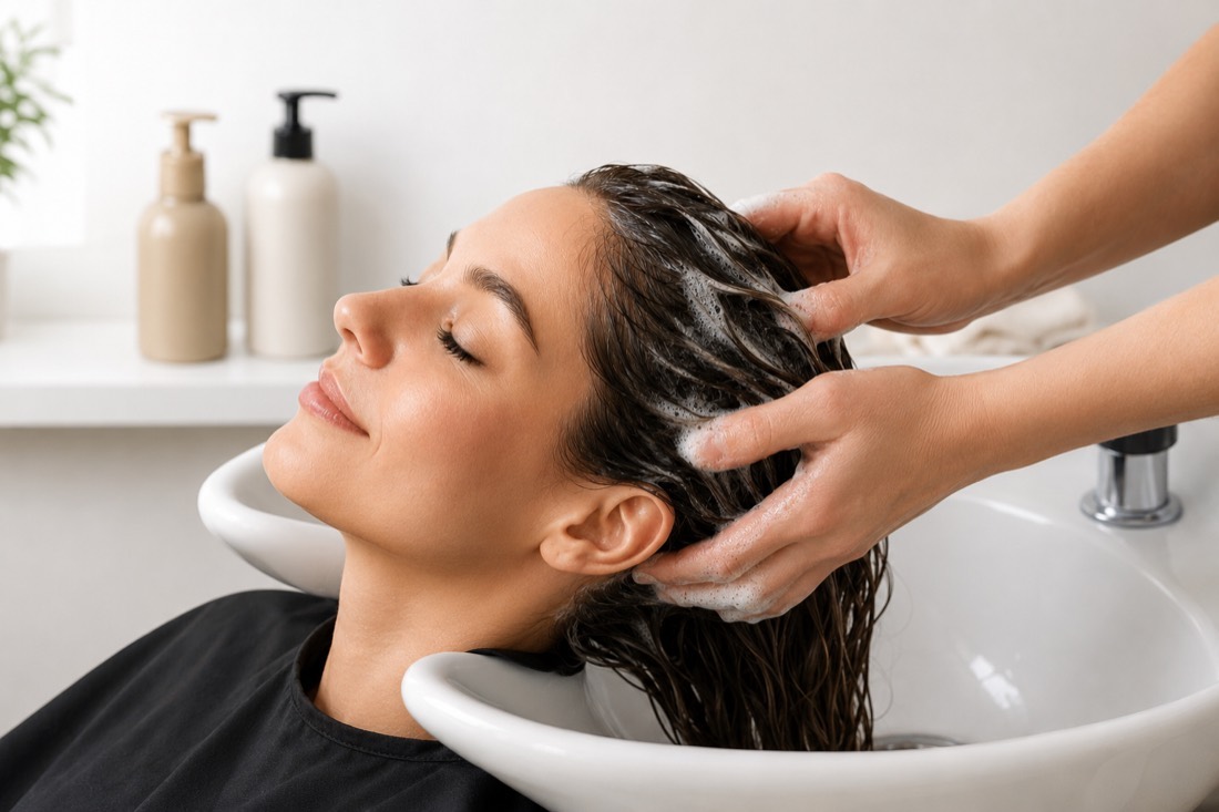 A conditioning treatment being worked through the hair